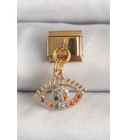 316L Çelik Gold Renk Sallantı Renkli Zirkon Taşlı Göz Model Nomination Charm TJ-BC1343