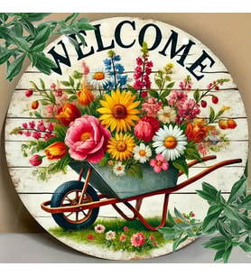 El Arabası Temalı Çiçeklerle "Welcome" Kapı Süsü - Bahar Dekorasyonu