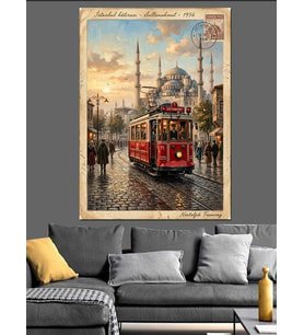 Eski İstanbul Tramvayı Posta Kartı Dekoratif Kanvas - Mdf Ahşap Tablo