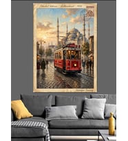 Eski İstanbul Tramvayı Posta Kartı Dekoratif Kanvas - Mdf Ahşap Tablo
