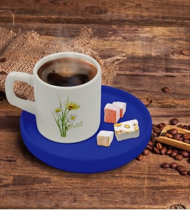 BK Gift Kişiye Özel Mavi Sunum Tabaklı Papatya Temalı Türk Kahvesi Fincanı Model 11