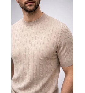 Erkek Yazlık Triko Dokuma Tişört Kısa Kol Bisiklet Yaka Örgü Desenli T-Shirt - Bej