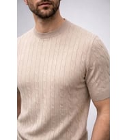 Erkek Yazlık Triko Dokuma Tişört Kısa Kol Bisiklet Yaka Örgü Desenli T-Shirt - Bej