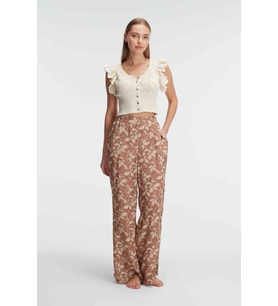 Kadın Kısa Kol Bisiklet Yaka Cotton Çiçek Desenli Yazlık Dokuma Normal Bel Pijama Takımı (Renksiz)