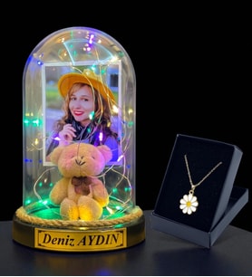 Kişiye Özel Renkli Led Işıklı Fanus ve Tasarım Kolye Hediye Seti (Model 9)