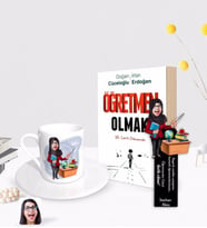 BK Gift Kişiye Özel Tesettürlü Kadın Öğretmen Karikatürlü Türk Kahvesi Fincanı Ahşap Kitap Ayracı ve Öğretmen Olmak Kitabı Hediye Seti-1
