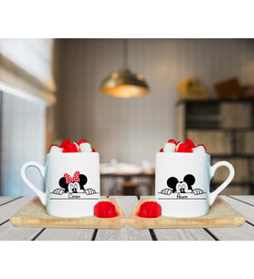 Minnie Mouse & Mickey Mouse Çift Tasarımlı Ahşap Tabaklı Kişiye Özel Türk Kahvesi Fincanı Seti