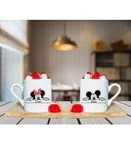 Minnie Mouse & Mickey Mouse Çift Tasarımlı Ahşap Tabaklı Kişiye Özel Türk Kahvesi Fincanı Seti