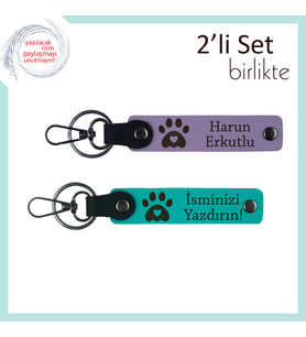 Yeni Doğmuş Yavru Kedinizin İsmiyle Kişiselleştirilebilen Kalpli Pati Anahtarlık Set, Mor-K Turkuaz