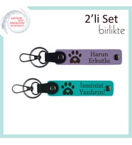 Yeni Doğmuş Yavru Kedinizin İsmiyle Kişiselleştirilebilen Kalpli Pati Anahtarlık Set, Mor-K Turkuaz