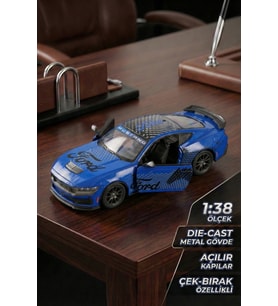 Kinsmart 2024 Ford Mustang Dark Horse 1:38 Çek Bırak Metal Model Araba Mavi - Özel Livery Seri