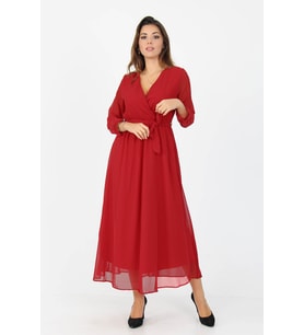 Neşeli Butik Kadın Kruvaze Yaka Bağlama Detaylı Yeni Sezon Uzun Şifon Elbise KTS003 (Kırmızı)