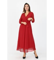 Neşeli Butik Kadın Kruvaze Yaka Bağlama Detaylı Yeni Sezon Uzun Şifon Elbise KTS003 (Kırmızı)