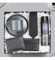 Siyah Kravat & Erkek Cüzdan & Siyah Kartlık & Nivea Tıraş Köpüğü & Gri Fincan Hediye Seti