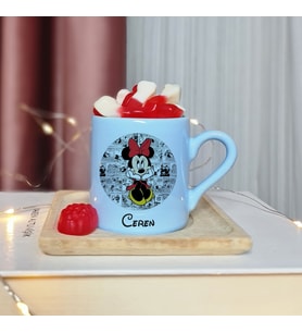 Minnie Mouse Tasarımlı Kişiye Özel Mavi Türk Kahvesi Fincanı