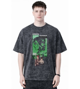 Eren Yeager Attack On Titan Anime Baskılı Unisex Oversize Eskitme Yıkamalı Tişört
