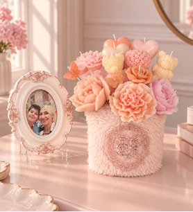 Premium Kişiye Özel Fotoğraf Çerçeveli Silindir Peluş Saksıda Mum Buketi