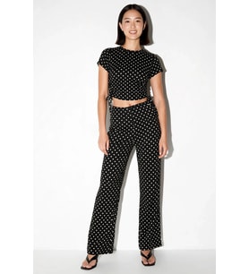 Kadın Puantiyeli Likralı Örme Crop Top Geniş Paça Takım Regular Kesim Kısa Kollu Günlük Rahat Modern