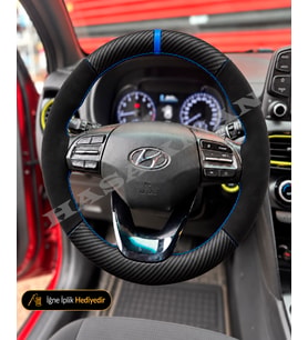 Hyundai i20 Dikme Direksiyon Kılıfı Alcantara Süet Mat Karbon Mavi Yüzük ve Dikiş GB-Style-Style Plus-Elite-Elite Smart 2014-2018