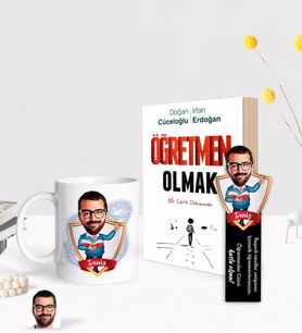 BK Gift Kişiye Özel Erkek Öğretmen Karikatürlü Beyaz Kupa Ahşap Kitap Ayracı ve Öğretmen Olmak Kitabı Hediye Seti-2