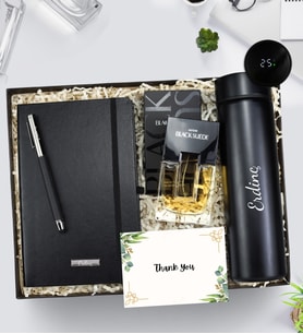 Kişiye Özel Siyah Defter & Siyah Touch Roller Kalem & Avon Black Suede Erkek Parfüm & 500 ML Dereceli Termos Erkeğe Hediye Seti