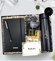 Kişiye Özel Siyah Defter & Siyah Touch Roller Kalem & Avon Black Suede Erkek Parfüm & 500 ML Dereceli Termos Erkeğe Hediye Seti