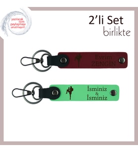 Kız Arkadaşa Güç Temalı Doğum Günü Hediye Seti, Dövüş Figürlü Deri Anahtarlık, Bordo-Fıstık Yeşil