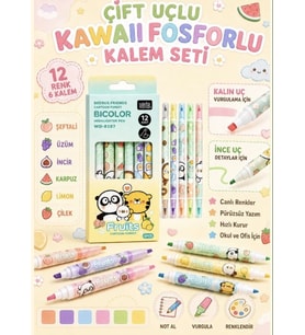 Bubu Dudu Kawaii Çift Uçlu Fosforlu Kalem Seti 6 Kalem 12 Renk Meyve Desenli İşaretleme Kalemi