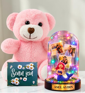 Kişiye Özel Yazılı 3 Fotoğraflı Renkli LED Işıklı Fanus(denizkızı) ve Pembe Peluş Ayıcık Kadına Hediye Sevgiliye Hediye