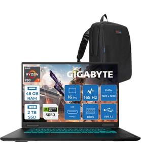 Gigabyte Gaming A16-3TH Amd Ryzen 7 260 48GB Ddr5 2tb SSD RTX5050 Gddr7 8gb Freedos Mux Switch 16" IPS Wuxga (1920X1200) 165HZ 300NİTS K3TR893SDF24 + Zetta Çanta