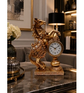 Gold Eskitme Ayna İşlemeli At Figürlü Masa Saati – 25x16 cm Dekoratif ve Şık Tasarım Premium Hediye