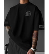 Baskılı Oversize Bisiklet Yaka T-shirt - Siyah