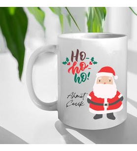 Kişiye Özel İsimli Yılbaşı Noel Baba Ho Ho Tasarımlı Beyaz Kupa ve Ahşap Palet Altlığı Hediyeli Kupa
