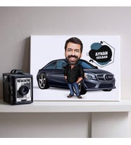 Siyah Araba Önündeki Erkek Karikatürlü Kanvas