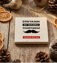 Kişiye Özel Dünyanın En Yakışıklı Öğretmeni Bardak Altlığı Öğretmenler Günü Hediyesi (Krem)