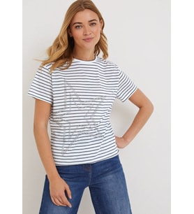T-Shirt Kadın Lacivert Çizgili Yıldız Baskılı 