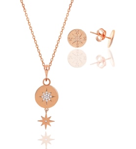 Gümüş rose zirkon taşlı kuzey yıldızı kolye ve küpe ikili set SGTL12072ROSE