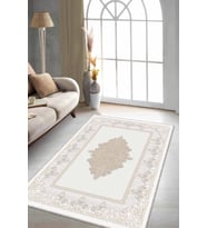 Bej Klasik Göbekli Kaymaz Tabanlı Dekoratif Halı RV301 - 100 x 160 cm