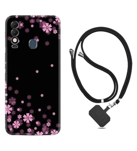 Tecno Spark 8T Kılıf Resimli Boyun Askılı İpli Desenli Silikon Black flowers 1391