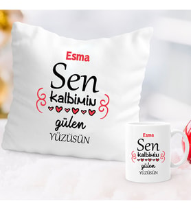 Sen Kalbimin Gülen Yüzüsün İsme Özel Kupa ve Yastık Set (Beyaz)