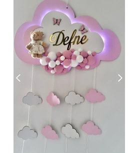 Işıklı Kabartmalı Bulut Kapı Süsü ışıklı Ledlidir (Pembe)