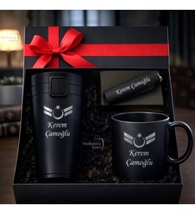 İsme Özel Uzman Çavuş Logolu  Lüks Hediye Seti - Çelik Termos Bardak Çakmak Kupa - Premium Hediye Paketli