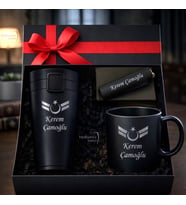 İsme Özel Uzman Çavuş Logolu  Lüks Hediye Seti - Çelik Termos Bardak Çakmak Kupa - Premium Hediye Paketli