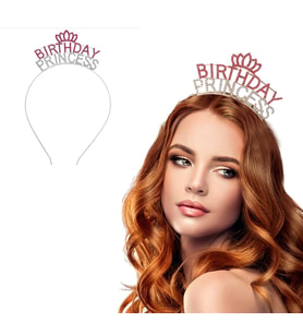 Kristal Taşlı Pembe Birthday Princess Yazılı Parti Tacı 19x11 cm