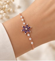 Kadın Gümüş Bileklik 925 Ayar Gerçek Ametist Taşlı Mor Lotus Çiçeği Bileklik