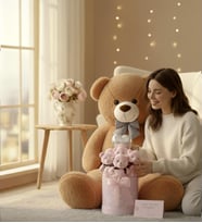 Premium 90 cm Peluş Ayı ve Silindir Pembe Kalpli Kutuda, Kalpli Balonlu 6’lı Pembe Ayıcık Buketi (Kahverengi)