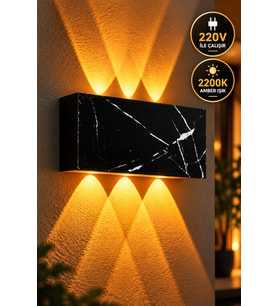 Siyah Beyaz Mermer Desenli 12W 2200K Amber Işıklı 3 Gözlü Yukarı Aşağı Dekoratif Duvar Apliği 16 cm
