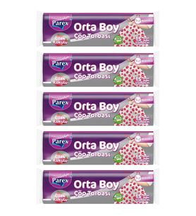 Premium Büzgülü Çöp Torbası Çilek Kokulu Orta Boy 15'li 55 x 60 cm Beşli Paket