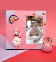 Kişiye Özel Unicorn' lu 3D Çerçeve& Melek Tasarım Işıklı Pembe Kar Küresi Hediye Seti