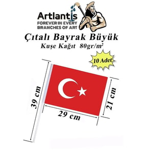 Çıtalı Bayrak Kağıt 21x29 cm 10 Adet Ay Yıldızlı Türk Bayrağı Çıtalı Sopalı Büyük Bayrak Plastik Çubuklu Bayrak (Kırmızı-Beyaz)